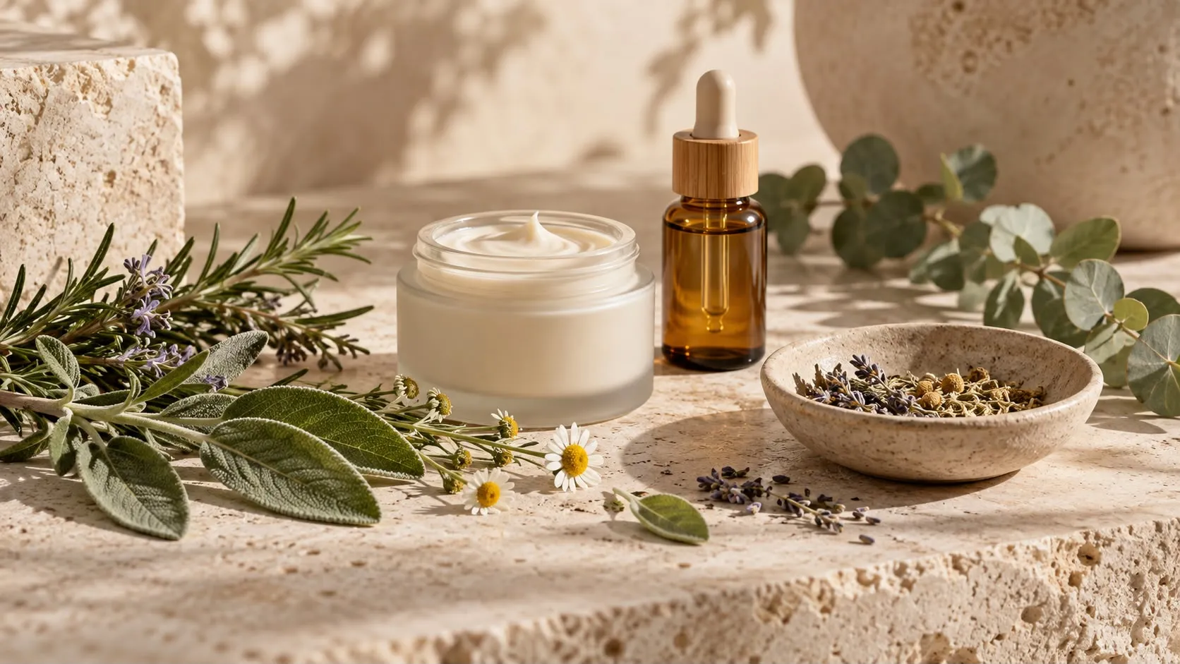 Naturkosmetik-Creme mit Pflanzenöl und Kräutern in warmem Licht